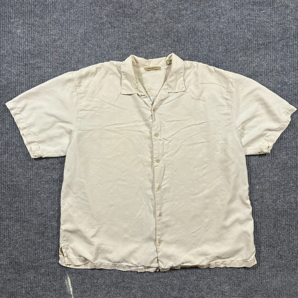 Tommy Bahama Mens Camp Shirt 2XL Short Sleeve Ivory Silk Aloha Hawaiian Casual
